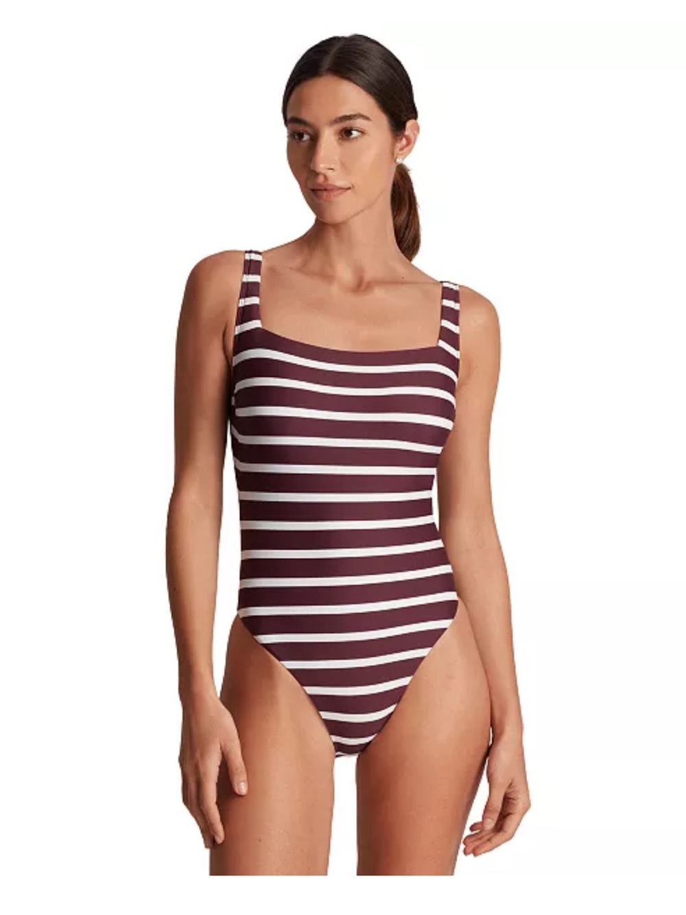 Lauren Ralph Lauren Maroon and White Striped One-Piece Swimsuit